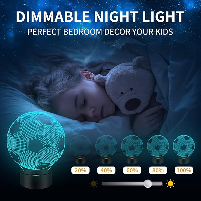 BASSI Soccer Gifts 3D Night Light,16 Colors Changing Touch/Remote Contro, World Cup 2026 Night Light Decor, Soccers 3D Illusion Lamp, Birthday Gifts for Boys Girls, Soccer Stuff Room Decor