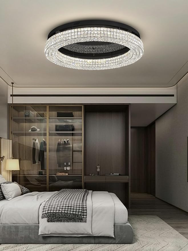 ykolupty 40'' Crystal Chandelier Light Fixture Large Chandelier for Living Room Crystal Flat Mounted Ceiling Lights Dining Room Bedroom Dimmable 2700-6000K (Black Chandeliers)
