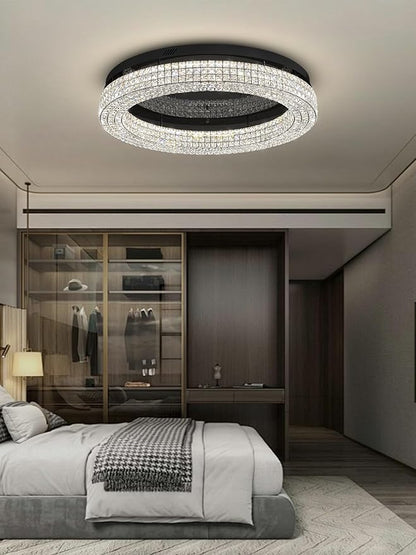 ykolupty 40'' Crystal Chandelier Light Fixture Large Chandelier for Living Room Crystal Flat Mounted Ceiling Lights Dining Room Bedroom Dimmable 2700-6000K (Black Chandeliers)
