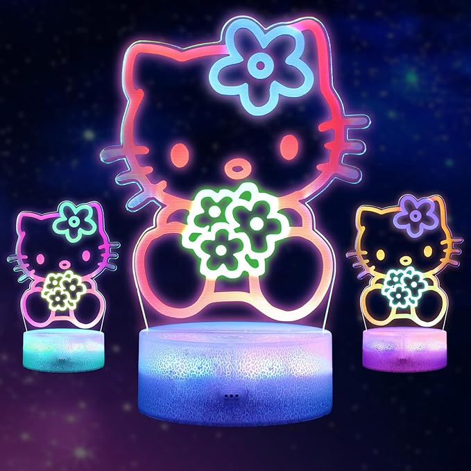 Cat Night Light for Kids, Anime Kitty Lamp with Timer, Remote Control, Changing Colors, Dimmable Acrylic LED Light for Christmas Birthday, Unique Gifts for Girls Boys Nursery Baby