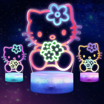 Cat Night Light for Kids, Anime Kitty Lamp with Timer, Remote Control, Changing Colors, Dimmable Acrylic LED Light for Christmas Birthday, Unique Gifts for Girls Boys Nursery Baby