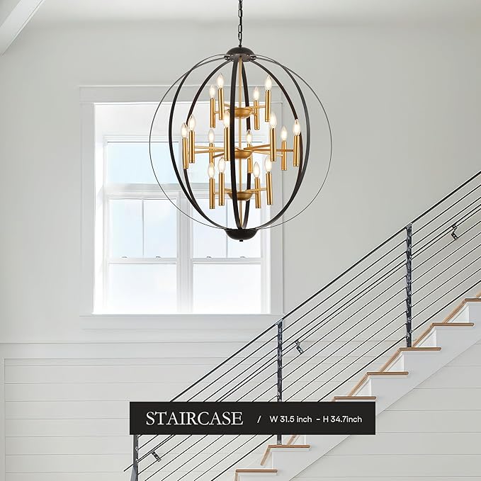 31.5''Black Gold 16-Light Globe Chandelier, Modern Industrial Adjustable Hanging Ceiling Pendant Light Fixture for Entryway Foyer Stairway Hallway Bedroom Living Room Kitchen Island