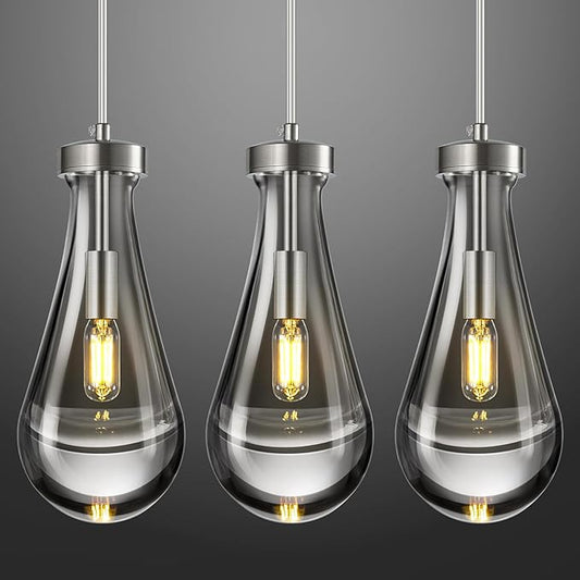 Raindrop Pendant Lights Kitchen Island Teardrop Nickel Hanging Light Fixtures Clear Solid Glass Pendant Light Modern Chandeliers for Dining Room Porch Corridor Living Room(3-Pack)