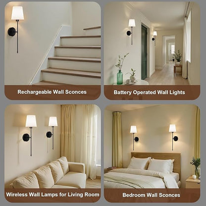 IRONPAX Wall Sconces Battery Operated Set of 2, Wireless Rechargeable Wall Sconce Set of Two, Dimmable Wall Lights with Remote for Bedroom Living Room Hallway Decor (Black, Fabric Shade)
