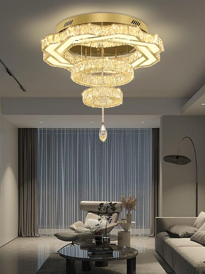 Flashing God Modern Crystal Chandeliers Dia 24" Gold Ceiling Chandelier Flush Mount Crystal Ceiling Light for Bedroom Living Room Dining Room Hallway LED Dimmable