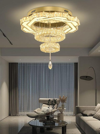 Flashing God Modern Crystal Chandeliers Dia 24" Gold Ceiling Chandelier Flush Mount Crystal Ceiling Light for Bedroom Living Room Dining Room Hallway LED Dimmable