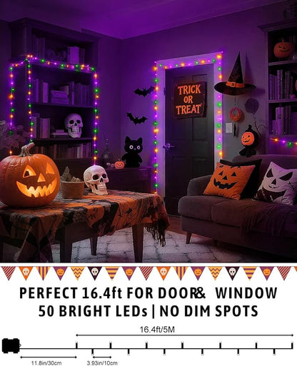 Halloween String Lights Battery Operated, Orange Purple and Green Lights with Timer Waterproof 16.4ft 50 LED Halloween Decorations for Outdoor Indoor Patio Party Garden Yard Decor