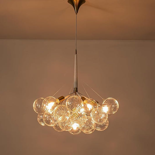 White Gold Bubble Ball Chandelier 6-Light Dia 24 Inch Mid-Century Blown Glass Light Fixtures Swirled Clear Globe Chandeliers Lighting Pendant for Dining Living Room Entryway Island