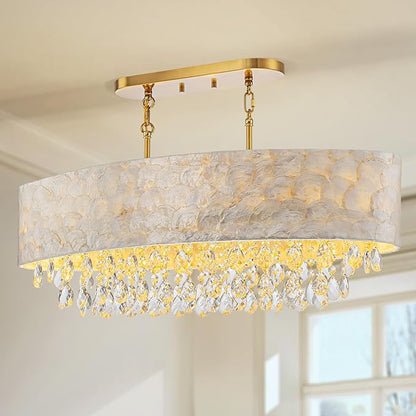 LumFurn 6-Light Oval Capiz Shell Crystal Linear Chandeliers, Coastal Design Light Fixture for Dining Room, Kitchen Island, L32xW12xH19~65 Inch(Adjustable), Shell Lampshade & Brass Finish
