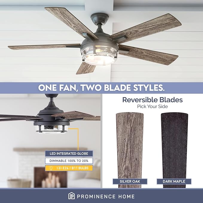 Prominence Home Freyr, 52 Inch Indoor Outdoor LED Ceiling Fan with Light, Remote Control, Dual Mounting Options, 5 Dual Finish Blades, Reversible Motor - 51484-01 (Textured Black)