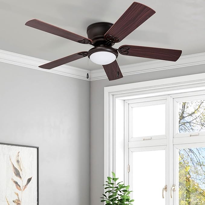 Prominence Home Benton Traditional 52 Inch Ceiling Fan with Light, LED Flush Mount Ceiling Fan, Indoor Fan with 5 Blades, Brown Walnut and Brown Maple Blade Finish Options, Bronze (51429-01)