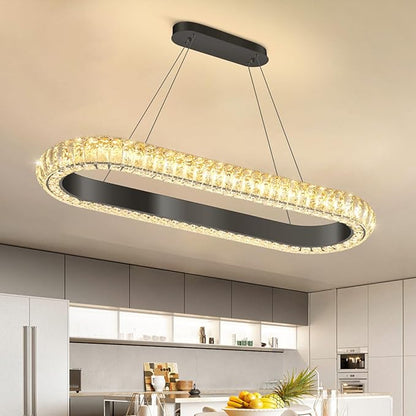32'' Oval Ring Crystal Chandelier Modern LED Dimmable Ring Pendant Light Chandelier for Dining Room Living Room Black