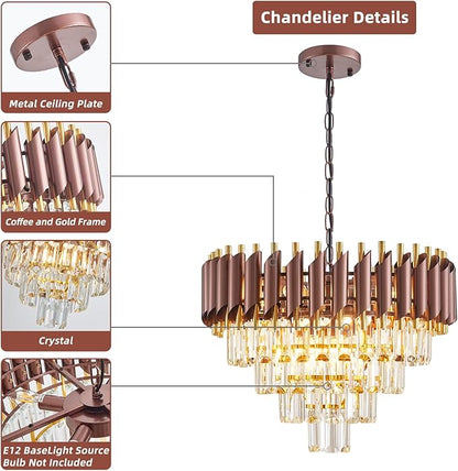 Modern Crystal Chandeliers 4-Tier K9 20" Round Coffee and Gold Crystal Chandelier Light Fixture 7 Lights Hanging Pendant Ceiling Light Fixture for Dining Room Living Room Entryway Foyer