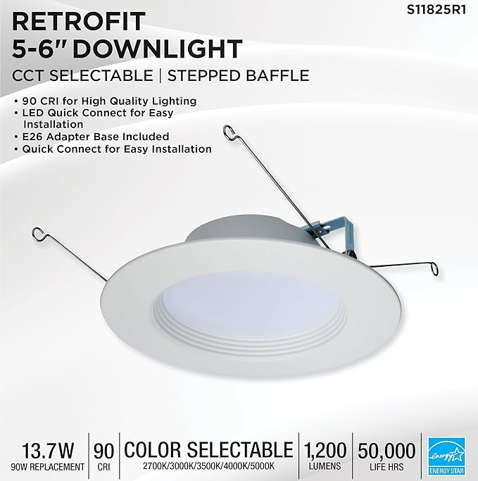 Satco LED Retrofit Downlight with Stepped Baffle, CCT Selectable 2700K/3000K/3500K/4000K/5000K, 5-6 Inch Round (High Lumen), White