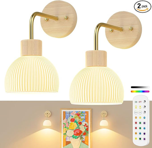 Glass Battery Operated Wall Sconces Set of 2, Rechargeable Wall Lamp with Remote, 12 Colors Dimmable Wireless Sconces Wall Decor Set of 2 with Timer for Bedroom Living Room (Beech, 2 Pack)