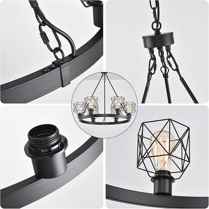 Wagon Wheel Chandelier Modern Farmhouse Pendant Light,Black Farmhouse Chandelier, 6-Light Wagon Wheel Chandelier with Adjustable Height, Dining Room Light Fixture, Hanging Lights
