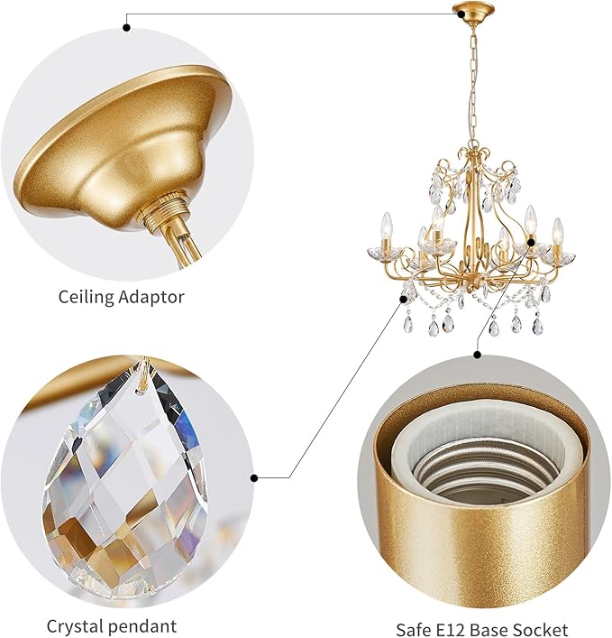 WUZUPS Crystal Candle Chandelier Pendant Flushmount Ceiling Light Modern Lighting Fixture for Bedroom Hallway Bar Kitchen Bathroom, H 22.5" x W 21.7", Gold, E12 Base