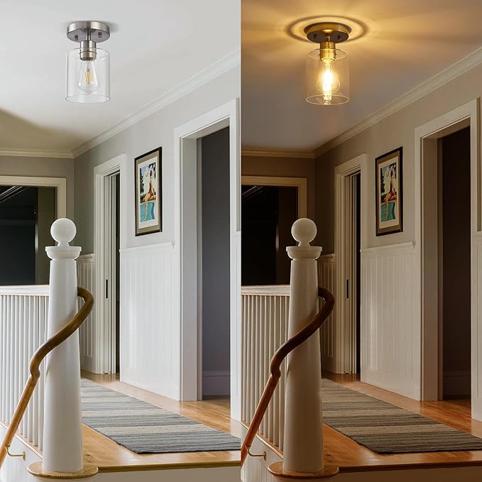 Semi Flush Mount Ceiling Light, 1 Light Brushed Nickel Ceiling Lights, Modern Kitchen Lighting Fixtures Ceiling, Light Fixtures Ceiling Mount with Glass Shade for Kitchen Hallway Foyer(2 Pack)