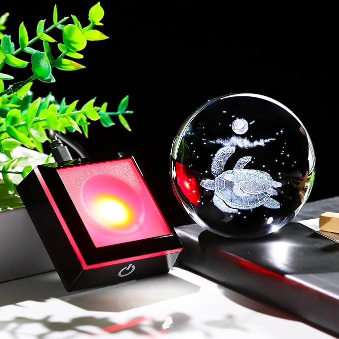 Arikyrist 3D Crystal Ball Sea Turtle Figurine with LED Base Laser Sea Turtle Gifts for Women Men on Christmas Birthday Decorative Turtle Ball Glass Sea Turtle Globe Night Light for Home Decor (80mm)