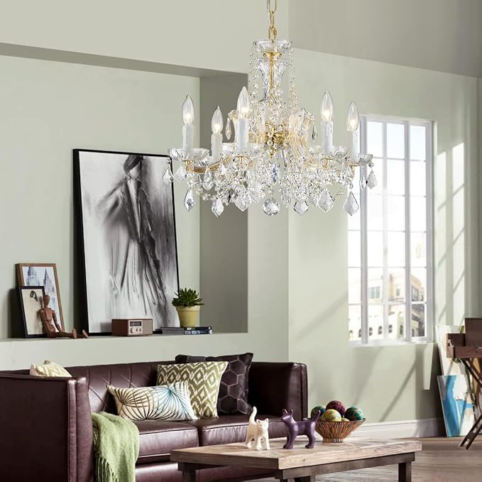 AGV LIGHTING Modern Chandelier Light Fixture, Crystal Pendant Raindrop Chandelier, Maria Theresa Brass Crystals Chandelier with 6-Lights, D20 X H18, Adjustable Chain Max 39"