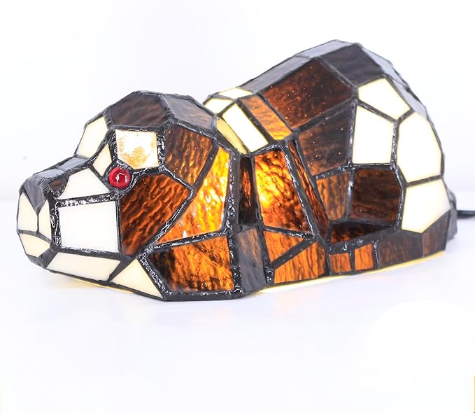 Small Tiffany Lamp Stained Glass Animal Table Lamp Mini Accent Desk Light (Brown White Dog)