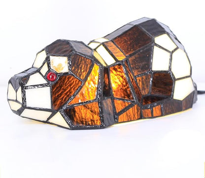 Small Tiffany Lamp Stained Glass Animal Table Lamp Mini Accent Desk Light (Brown White Dog)