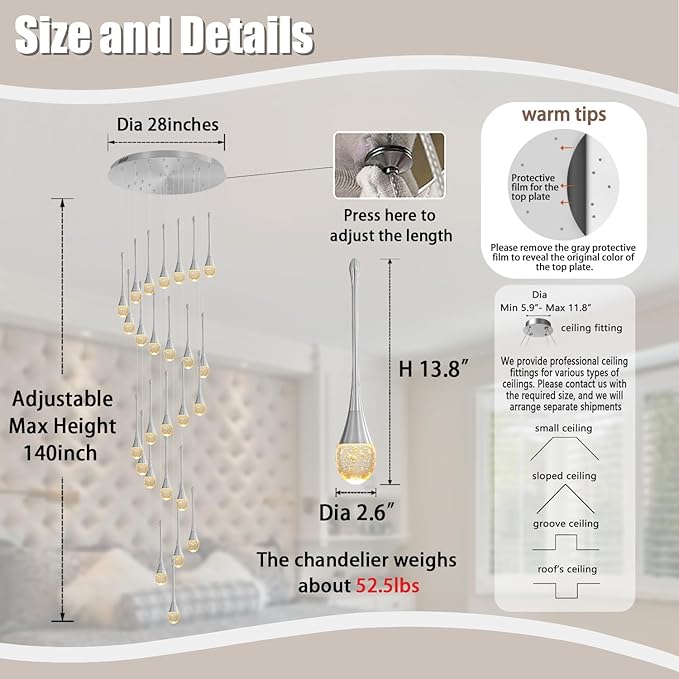 ykolupty 138" Large Crystal Chandelier for High Ceiling Modern K9 Crystal Raindrop Chandeliers Lighting Round Ceiling Light Entryway Staircase Foyer Villa LED Dimmable 2700-6000K