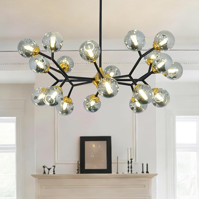 Depuley Glass Globe Sputnik Chandelier: 20-Light Modern Matte Black and Gold Ceiling Light Fixture - Vintage Hanging Chandeliers for Living Room Kitchen Dining Room Bedroom (Included G9 Bulbs)