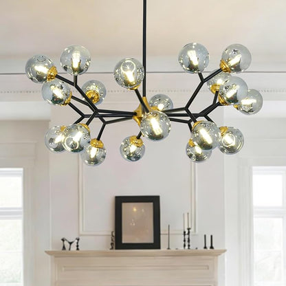 Depuley Glass Globe Sputnik Chandelier: 20-Light Modern Matte Black and Gold Ceiling Light Fixture - Vintage Hanging Chandeliers for Living Room Kitchen Dining Room Bedroom (Included G9 Bulbs)