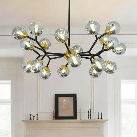 Depuley Glass Globe Sputnik Chandelier: 20-Light Modern Matte Black and Gold Ceiling Light Fixture - Vintage Hanging Chandeliers for Living Room Kitchen Dining Room Bedroom (Included G9 Bulbs)
