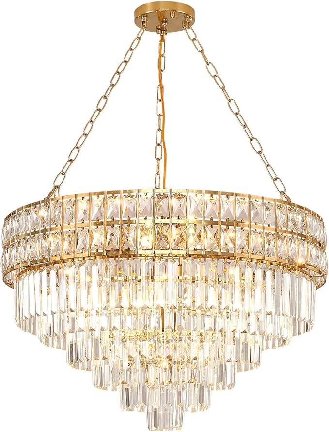 Modern Crystal Chandelier Gold Finish Light Fixture, Round Crystal Pendant Light Hanging Lamp, for Living Room, Dining Room, Restaurant, E12 x 15, Ø29.5 inch