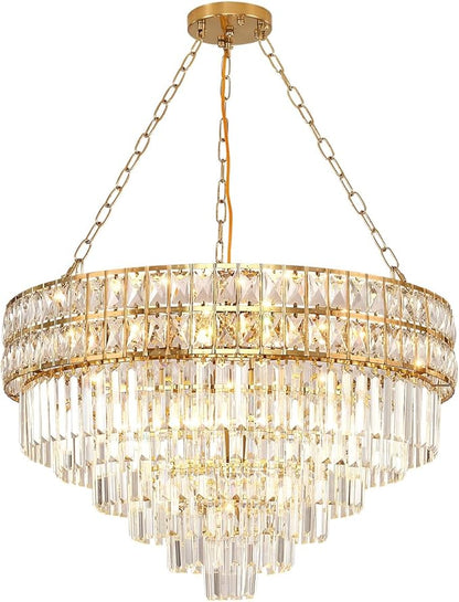 Modern Crystal Chandelier Gold Finish Light Fixture, Round Crystal Pendant Light Hanging Lamp, for Living Room, Dining Room, Restaurant, E12 x 15, Ø29.5 inch