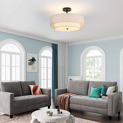 18" Semi Flush Mount Ceiling Light with Fabric Lampshade Modern Drum Ceiling Lamp Black Ceiling Light Fixture for Dining Room Kitchen Bedroom Living Room