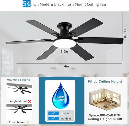 Ceiling Fans with Lights,54 Inch Low Profile Ceiling Fan with Light and Remote Control,6 Speeds/6 Blade,Flush Mount,LED Dimmable DC Reversible Modern, Black Ceiling Fan for Bedroom/Living Room