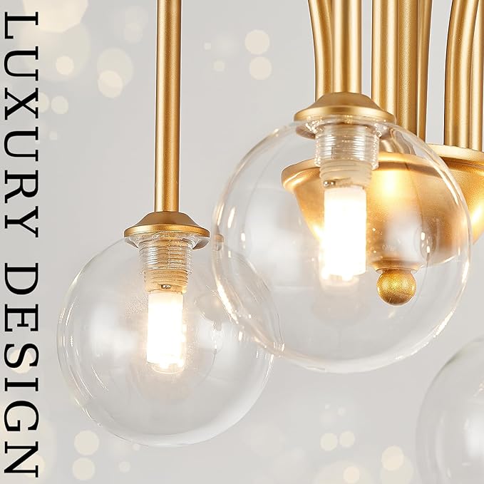Gold Sputnik Chandelier,6 Lights Large Modern Chandelier L40”Mid Century Long Ceiling Pendant Light Fixtures for Dining Room with Clear Glass Globe Shades for High Ceiling Foyer Living Room