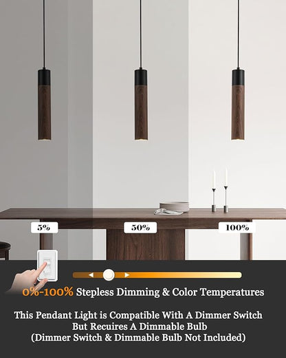 ELYONA Modern Pendant Light Fixtures, Walnut Wood Grain & Matte Black Metal, Industrial Cylinder Hanging Pendant Light for Kitchen Island Dining Room Bedroom Living Room, GU10 LED Bulb Included