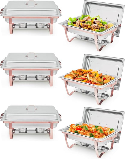 Garvee Chafing Dishes for Buffet Set of 6, 8QT Buffet Servers and Warmers Set with Lid & Foldable Frame, Rectangular Stainless Steel Chafer Food Warmer for Parties Wedding Catering Supplies, Rose Gold