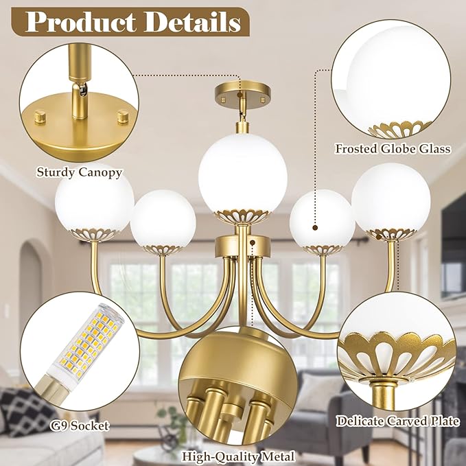 5-Light Gold Chandelier, Globe Modern Sputnik Light Fixture with Frosted Glass, Vintage Semi-Flush Mount Ceiling Light for Dining Room, Large Pendant Lighting for Kitchen Living Room Bedroom