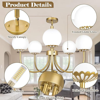 5-Light Gold Chandelier, Globe Modern Sputnik Light Fixture with Frosted Glass, Vintage Semi-Flush Mount Ceiling Light for Dining Room, Large Pendant Lighting for Kitchen Living Room Bedroom