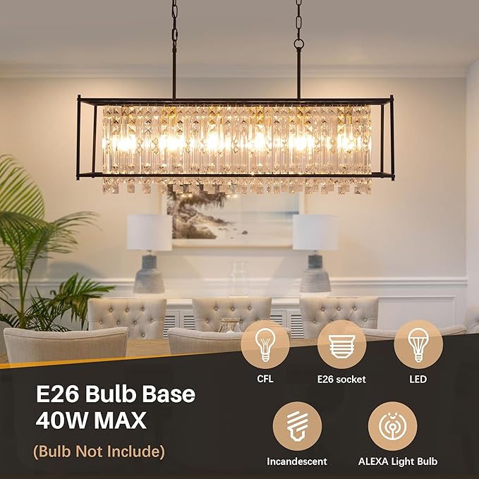 Crystal Chandeliers for Dining Room, Modern Black Chandelier for Living Room, Adjustable Height, 6-Light Pendant Light Fixture, 42 in Large Rectangle Lighting for Kitchen Island Living Room