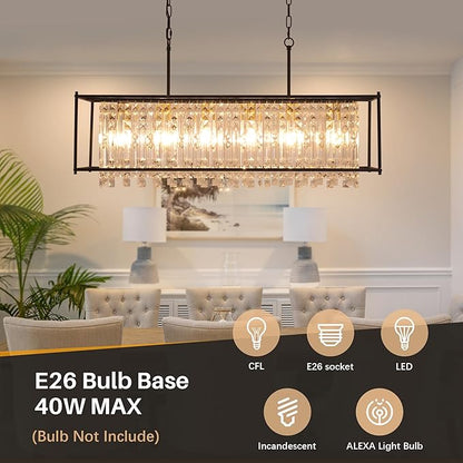 Crystal Chandeliers for Dining Room, Modern Black Chandelier for Living Room, Adjustable Height, 6-Light Pendant Light Fixture, 42 in Large Rectangle Lighting for Kitchen Island Living Room