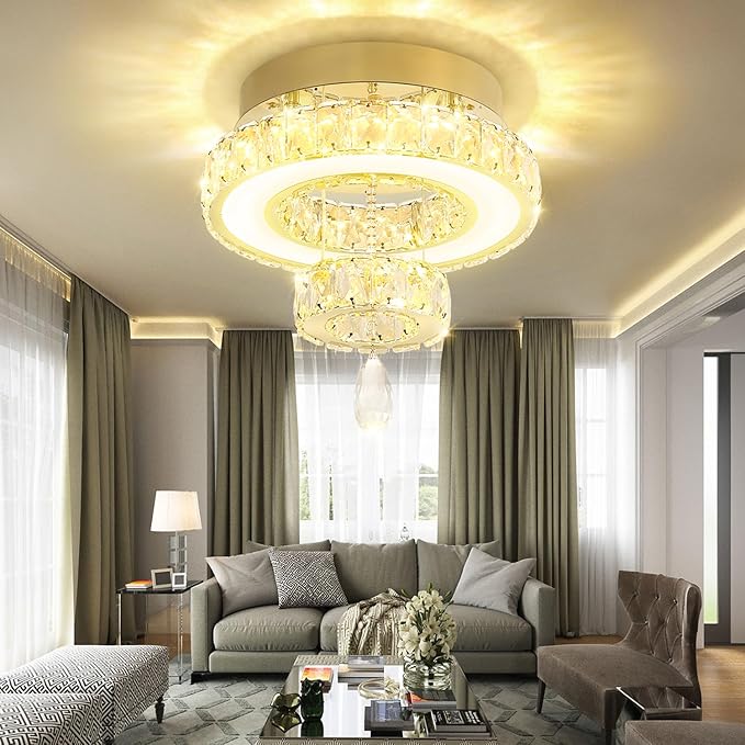 Flashing God 12" Modern Crystal Chandeliers Flush Mount Ceiling Light Gold Chandelier for Hallway LED Dimmable Light Fixture for Dining Room Living Room Bedroom