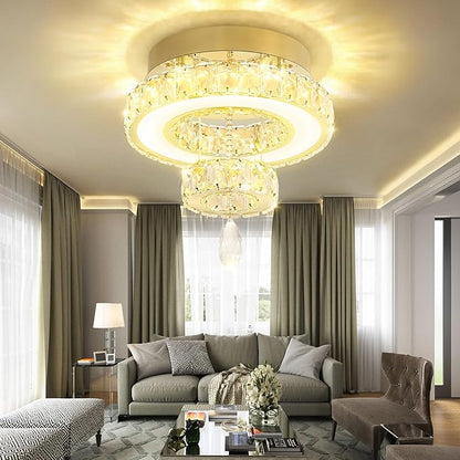 Flashing God 12" Modern Crystal Chandeliers Flush Mount Ceiling Light Gold Chandelier for Hallway LED Dimmable Light Fixture for Dining Room Living Room Bedroom