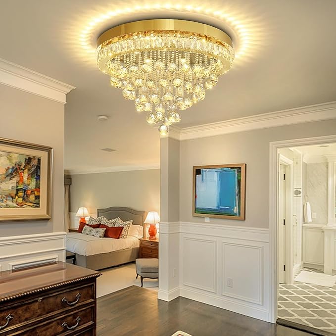 Dia 24" Modern Crystal Chandeliers for Dining Room,Gold Raindrop Chandelier Flush Mount Chandeliers for Living Room Bedrooms Dining Room Dimmable 2700k 4500k 6000k