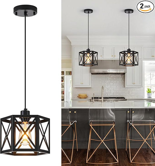 XSDeTu 2 Pack Farmhouse Pendant Lights, Modern Black Hanging Light Fixture with Hexagonal Cage, Industrial Metal Ceiling Lights, Adjustable Lantern Pendant Lighting for Kitchen Island Sink Hallway