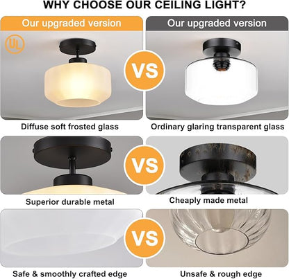 Industrial Black Matte Light Fixtures Ceiling Mount, with Frosted Glass Shades Semi Flush Mount Ceiling Light, for Hallway Fixtures Kitchen, Foyer