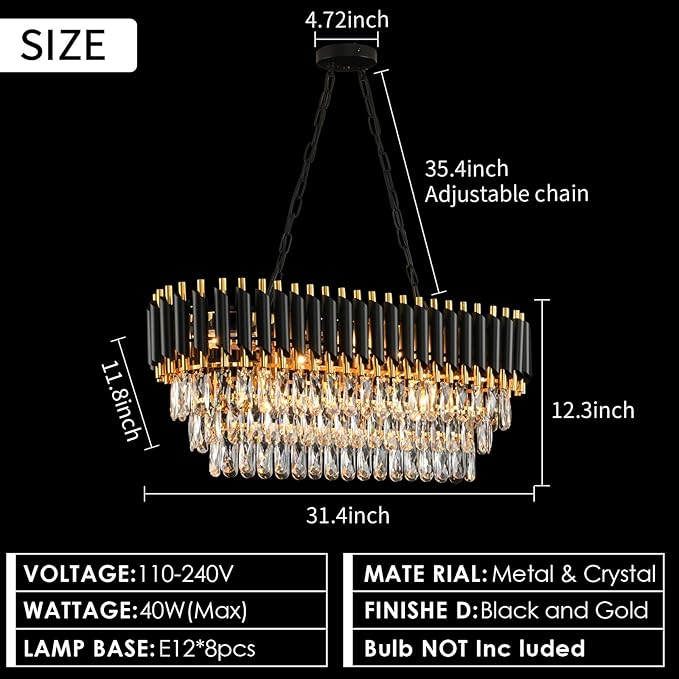 Modern Crystal Chandeliers for Dining Room 8-Light Black and Gold Chandelier Living Room Oval Contemporary Ceiling Hanging Light Pendant Light Fixture for Kitchen Island Bar L32 inch