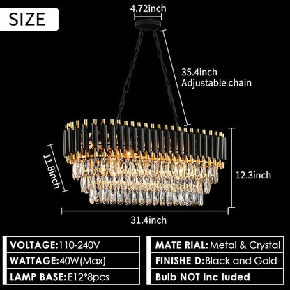 Modern Crystal Chandeliers for Dining Room Black and Gold Chandelier Living Room 8-Light Pendant Light Fixture Oval Contemporary Ceiling Hanging Light for Kitchen Island Bar L32 inch