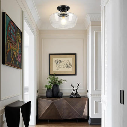 Schoolhouse Style Light Fixture, 12" Black Semi Flush Mount Ceiling Light with Seeded Glass Globe, Close to Ceiling Lights for Kitchen, Hallway, Entryway
