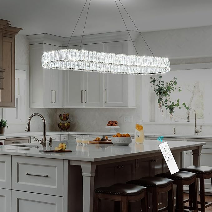 HAIXIANG LED Long Chandeliers for Dining Table Modern Chandelier Dimmable Pendant Lights Crystal Rectangular Glam Lighting Fixtures for Dining Room Kitchen Island Black
